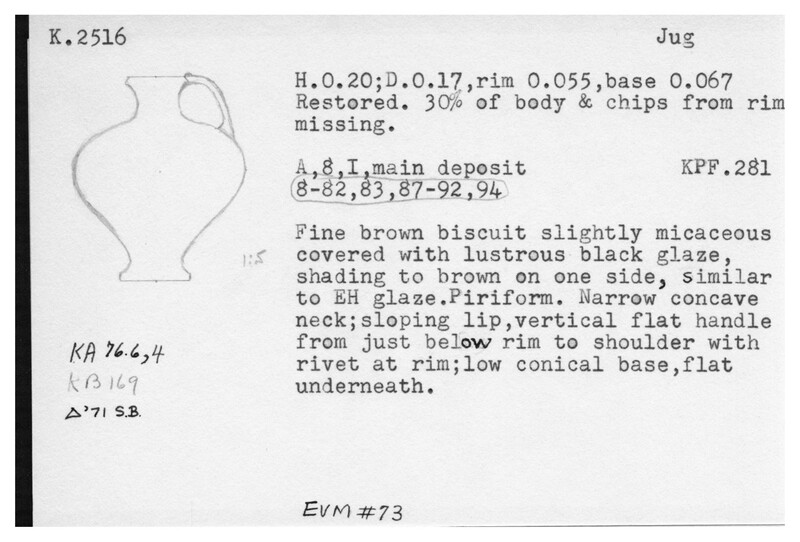 Index card with typed and handwritten information, sometimes including a sketch, of pottery from an excavation.