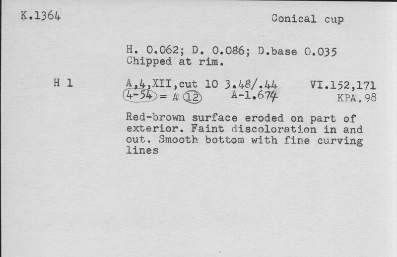 Index card with typed and handwritten information, sometimes including a sketch, of pottery from an excavation.