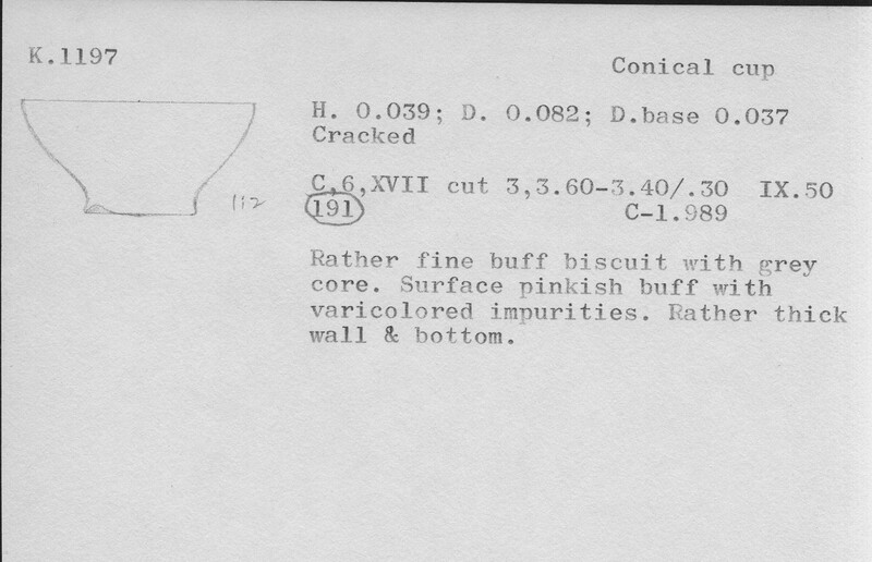 Index card with typed and handwritten information, sometimes including a sketch, of pottery from an excavation.