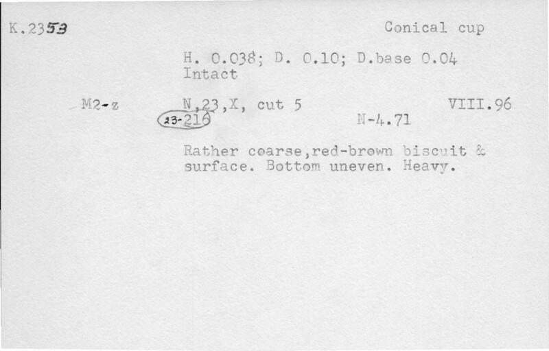Index card with typed and handwritten information, sometimes including a sketch, of pottery from an excavation.