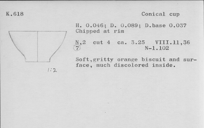 Index card with typed and handwritten information, sometimes including a sketch, of pottery from an excavation.
