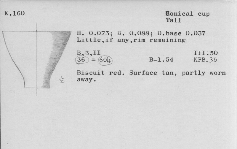 Index card with typed and handwritten information, sometimes including a sketch, of pottery from an excavation.