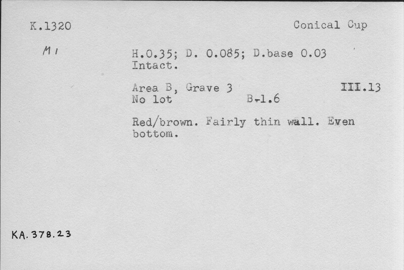 Index card with typed and handwritten information, sometimes including a sketch, of pottery from an excavation.
