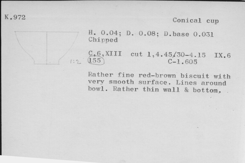 Index card with typed and handwritten information, sometimes including a sketch, of pottery from an excavation.