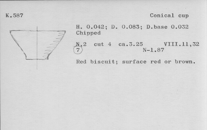 Index card with typed and handwritten information, sometimes including a sketch, of pottery from an excavation.