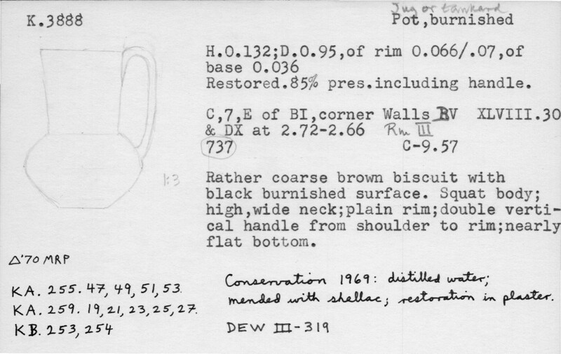 Index card with typed and handwritten information, sometimes including a sketch, of pottery from an excavation.