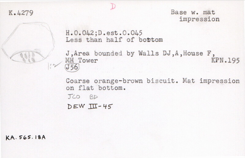 Index card with typed and handwritten information, sometimes including a sketch, of pottery from an excavation.