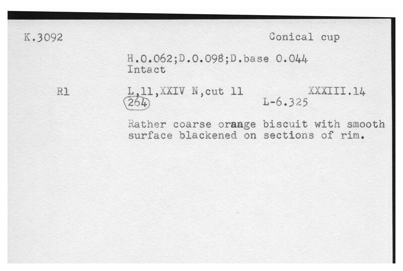 Index card with typed and handwritten information, sometimes including a sketch, of pottery from an excavation.