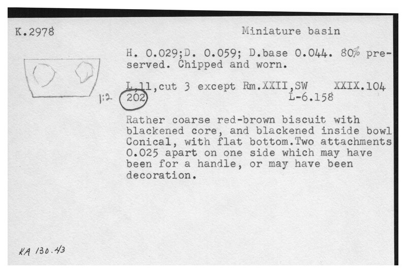 Index card with typed and handwritten information, sometimes including a sketch, of pottery from an excavation.
