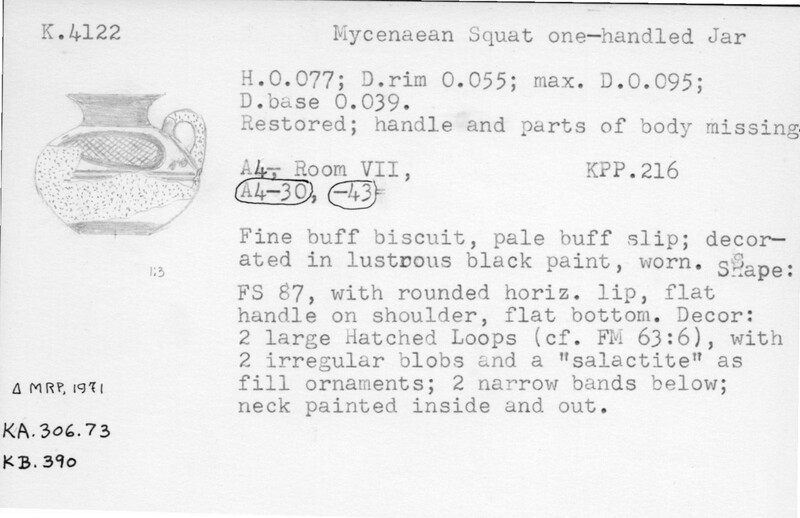 Index card with typed and handwritten information, sometimes including a sketch, of pottery from an excavation.