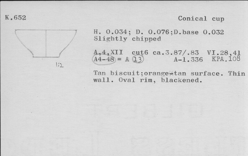 Index card with typed and handwritten information, sometimes including a sketch, of pottery from an excavation.
