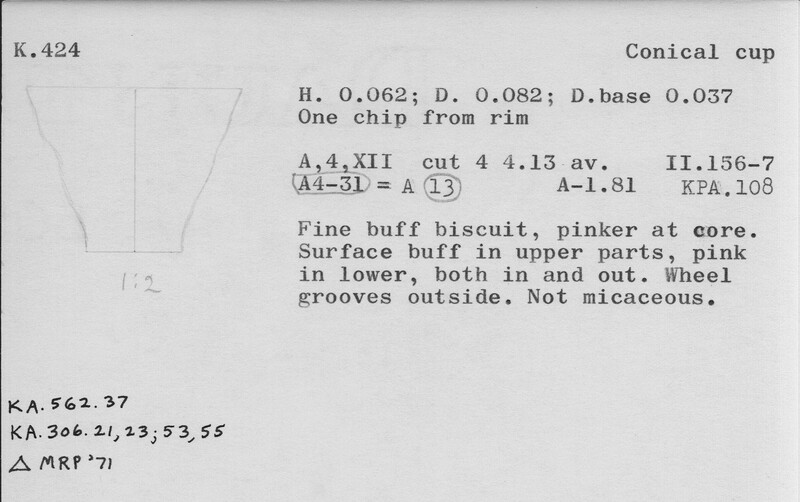 Index card with typed and handwritten information, sometimes including a sketch, of pottery from an excavation.