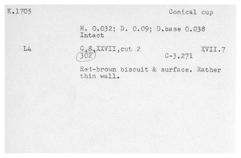 Index card with typed and handwritten information, sometimes including a sketch, of pottery from an excavation.