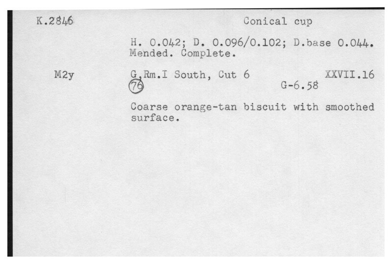 Index card with typed and handwritten information, sometimes including a sketch, of pottery from an excavation.