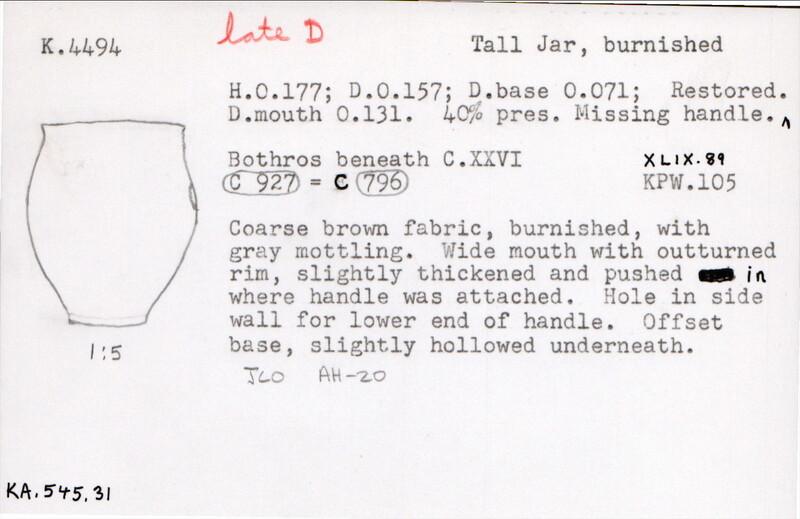 Index card with typed and handwritten information, sometimes including a sketch, of pottery from an excavation.