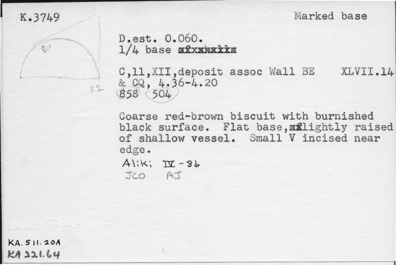 Index card with typed and handwritten information, sometimes including a sketch, of pottery from an excavation.