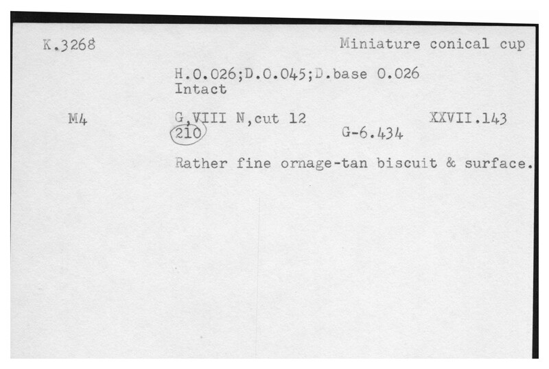 Index card with typed and handwritten information, sometimes including a sketch, of pottery from an excavation.
