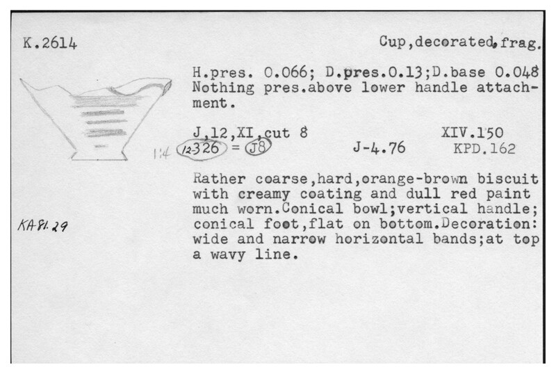 Index card with typed and handwritten information, sometimes including a sketch, of pottery from an excavation.