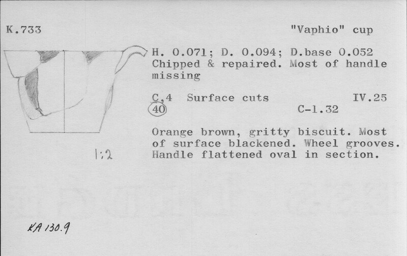 Index card with typed and handwritten information, sometimes including a sketch, of pottery from an excavation.
