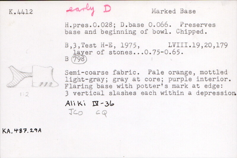 Index card with typed and handwritten information, sometimes including a sketch, of pottery from an excavation.