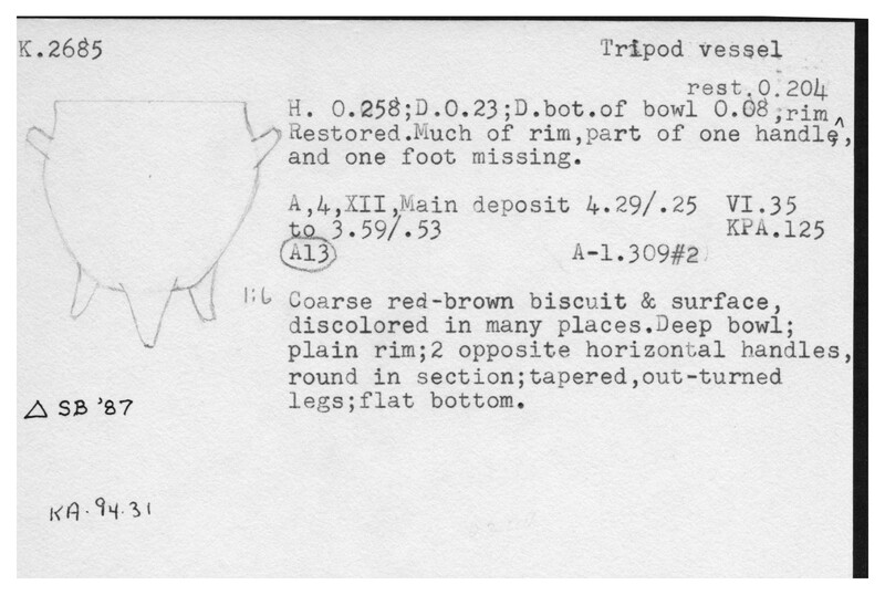 Index card with typed and handwritten information, sometimes including a sketch, of pottery from an excavation.