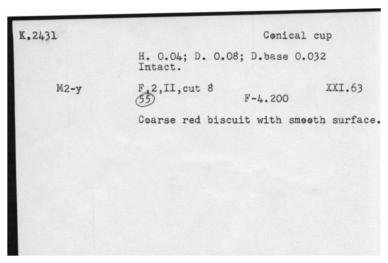 Index card with typed and handwritten information, sometimes including a sketch, of pottery from an excavation.