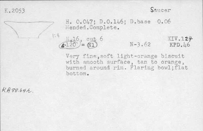 Index card with typed and handwritten information, sometimes including a sketch, of pottery from an excavation.