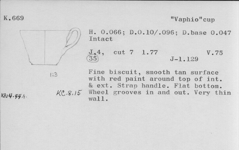 Index card with typed and handwritten information, sometimes including a sketch, of pottery from an excavation.