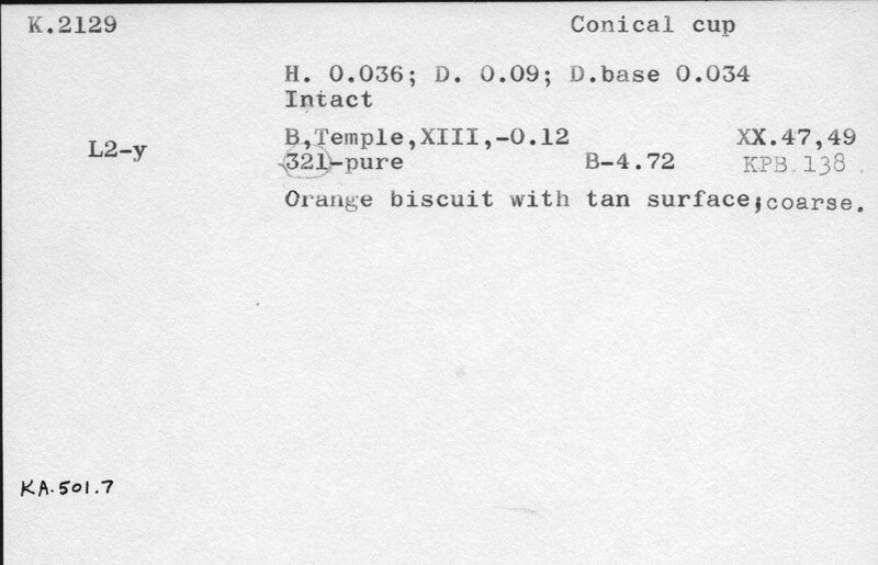 Index card with typed and handwritten information, sometimes including a sketch, of pottery from an excavation.