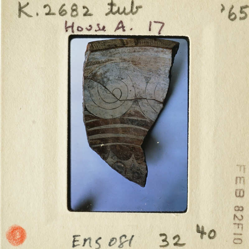 Ancient pottery shard with intricate designs on a white background.