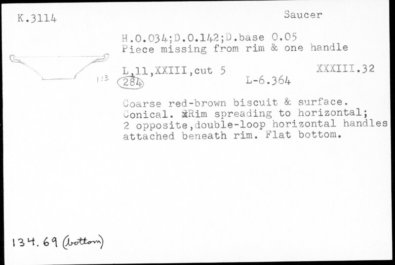 Index card with typed and handwritten information, sometimes including a sketch, of pottery from an excavation.