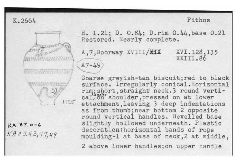 Index card with typed and handwritten information, sometimes including a sketch, of pottery from an excavation.