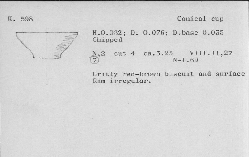 Index card with typed and handwritten information, sometimes including a sketch, of pottery from an excavation.