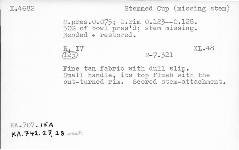 Index card with typed and handwritten information, sometimes including a sketch, of pottery from an excavation.