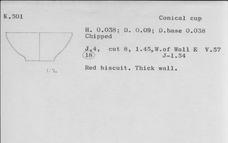 Index card with typed and handwritten information, sometimes including a sketch, of pottery from an excavation.