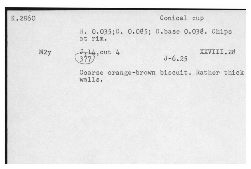 Index card with typed and handwritten information, sometimes including a sketch, of pottery from an excavation.