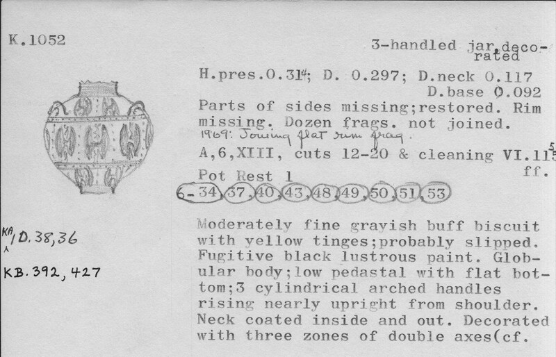 Index card with typed and handwritten information, sometimes including a sketch, of pottery from an excavation.