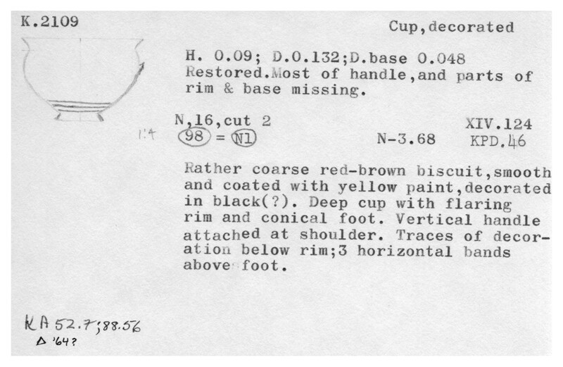Index card with typed and handwritten information, sometimes including a sketch, of pottery from an excavation.