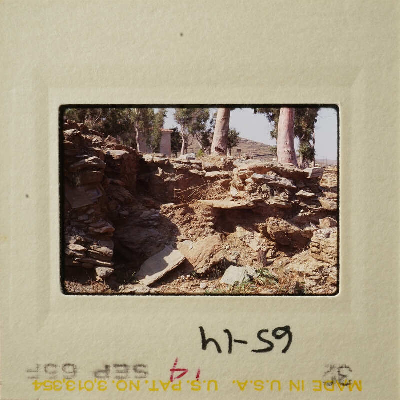 Ancient ruins with stone walls and trees visible in the background.