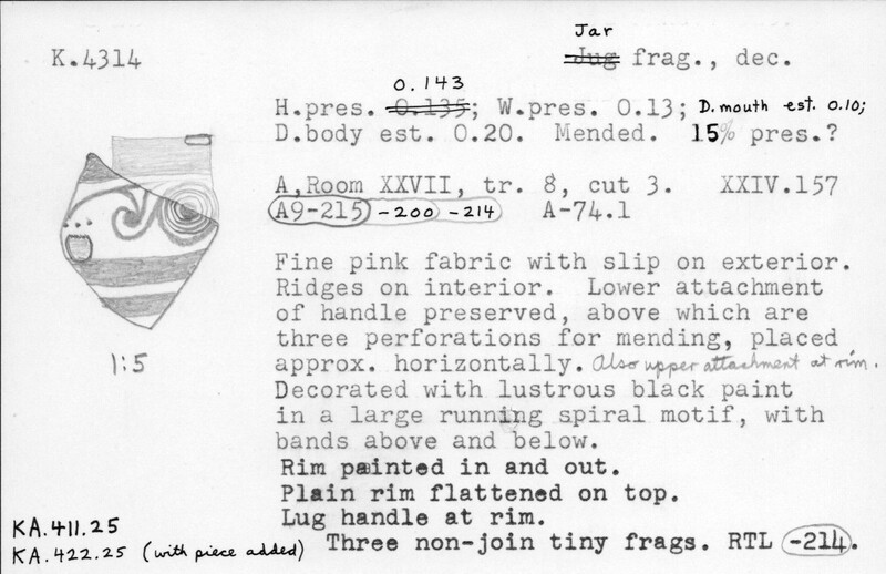 Index card with typed and handwritten information, sometimes including a sketch, of pottery from an excavation.
