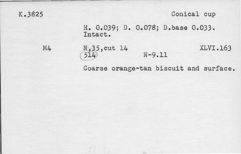 Index card with typed and handwritten information, sometimes including a sketch, of pottery from an excavation.
