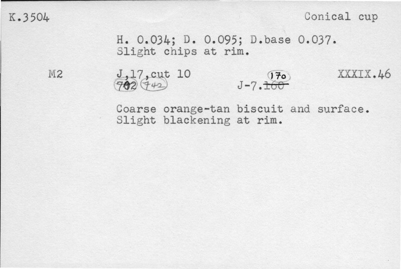 Index card with typed and handwritten information, sometimes including a sketch, of pottery from an excavation.