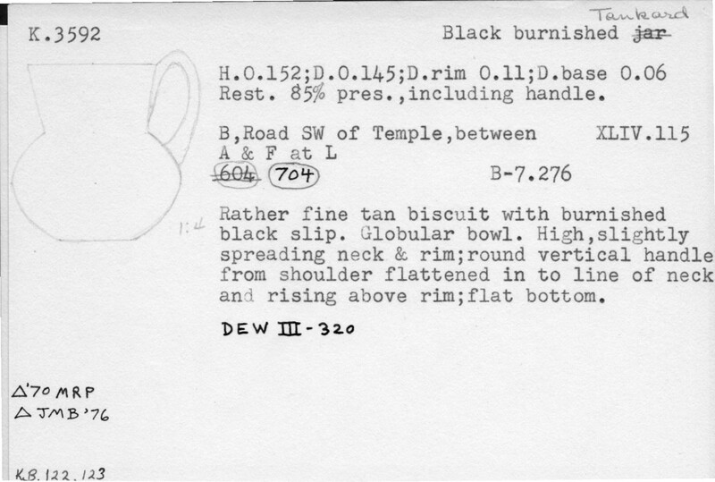 Index card with typed and handwritten information, sometimes including a sketch, of pottery from an excavation.