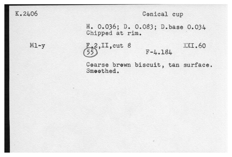 Index card with typed and handwritten information, sometimes including a sketch, of pottery from an excavation.
