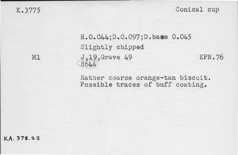Index card with typed and handwritten information, sometimes including a sketch, of pottery from an excavation.