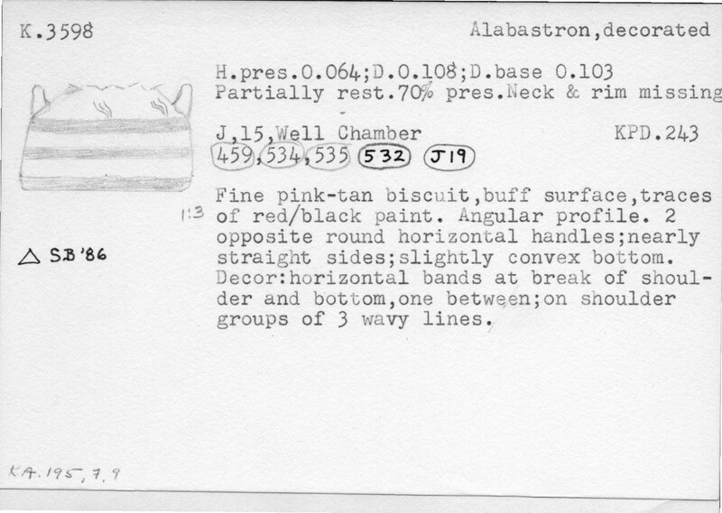 Index card with typed and handwritten information, sometimes including a sketch, of pottery from an excavation.