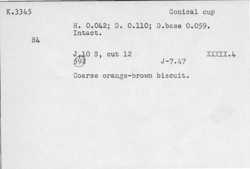 Index card with typed and handwritten information, sometimes including a sketch, of pottery from an excavation.