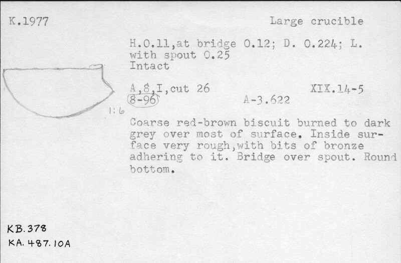 Index card with typed and handwritten information, sometimes including a sketch, of pottery from an excavation.