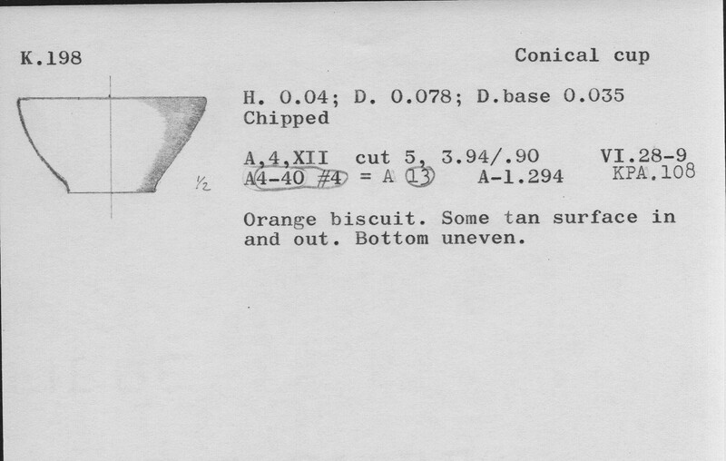 Index card with typed and handwritten information, sometimes including a sketch, of pottery from an excavation.