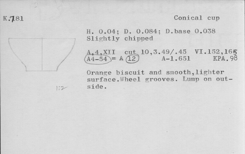 Index card with typed and handwritten information, sometimes including a sketch, of pottery from an excavation.
